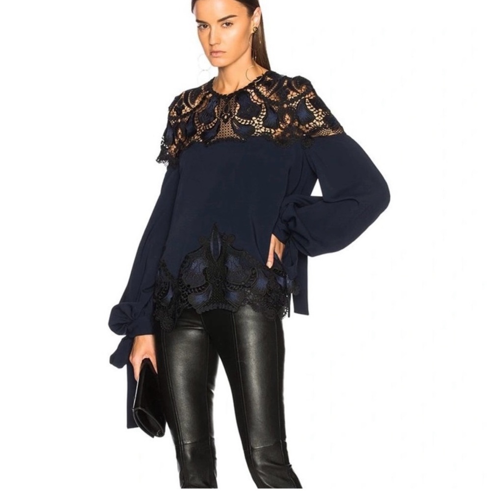 JONATHAN SIMKHAI Silk Long-Sleeve Blouse w/ Lace Guipure Size Large